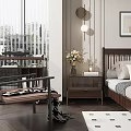 Elegant Modern Bedroom Interior With Dark Bed Frame Nightstands Chandelier Wall Art And Rug