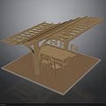 Wooden Pergola Outdoor Dining Structure With Table Chairs And Brick Floor