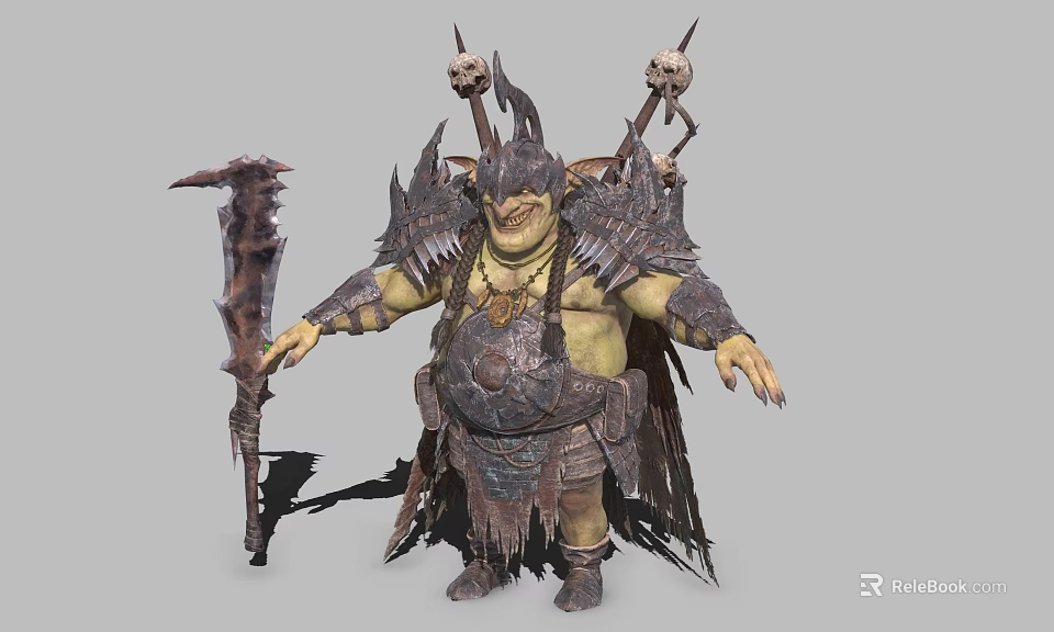 Fantasy Orc Game Character With Spiked Armor Giant Weapon And Skulls 3d model 