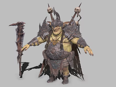 Fantasy Orc Game Character With Spiked Armor Giant Weapon And Skulls 3d model