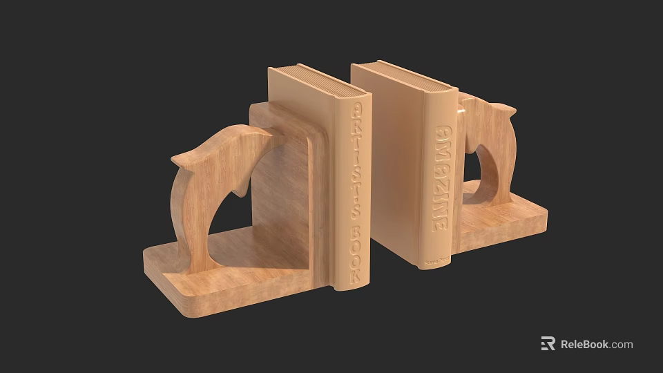 Wooden Sculpted Bookends With Dolphin Shape And Artistic Design Details 3d model 