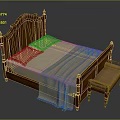Classic Wooden Double Bed with Carved Headboard Footboard Light Sheet Pillows Blanket and Matching Stool
