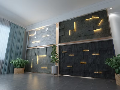 Modern Interior Wall Design With Stone Panels LED Lights And Green Plants 3d model
