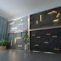Modern Interior Wall Design With Stone Panels LED Lights And Green Plants