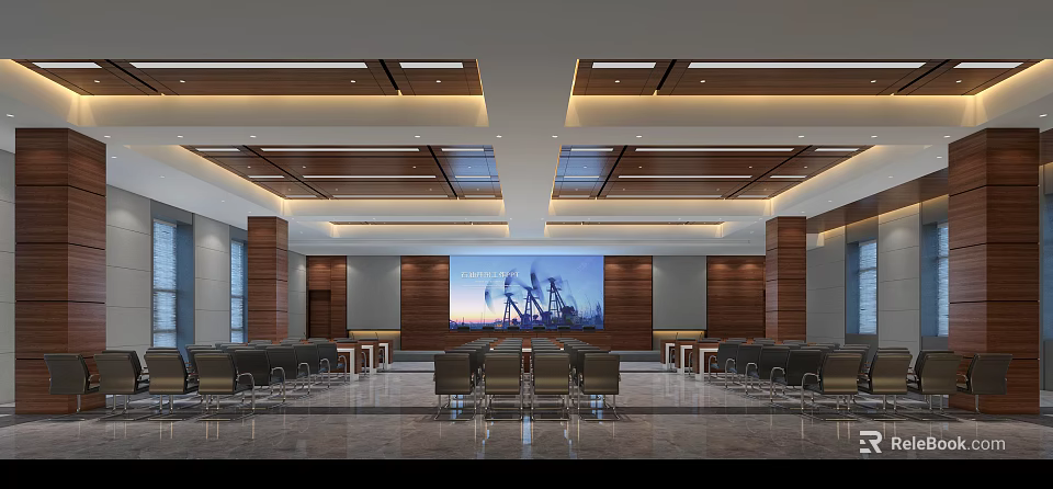 Modern Conference Room Interior With Wooden Ceiling Lighting And Oil Pumps Background 3d model 