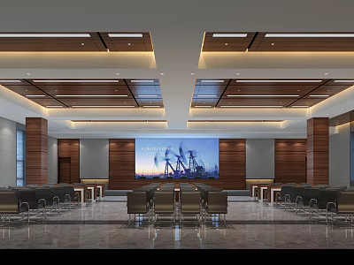 Modern Conference Room Interior With Wooden Ceiling Lighting And Oil Pumps Background 3d model