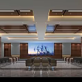 Modern Conference Room Interior With Wooden Ceiling Lighting And Oil Pumps Background