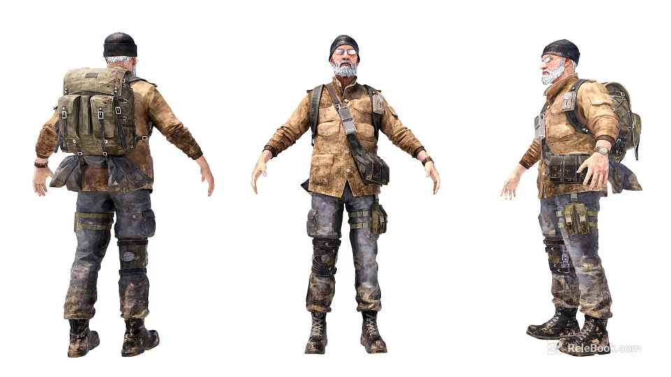 Man in Tactical Military Gear with Backpack Vest Camouflage Pants and Boots Three Angle View 3d model 