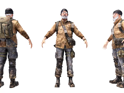 Man in Tactical Military Gear with Backpack Vest Camouflage Pants and Boots Three Angle View 3d model