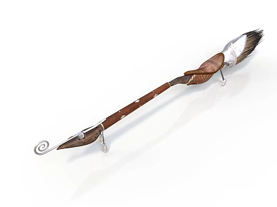 Traditional Handcrafted Tribal Weapon with Wooden Shaft Leather Wrapping Metal Accents and Feather Top 3d model