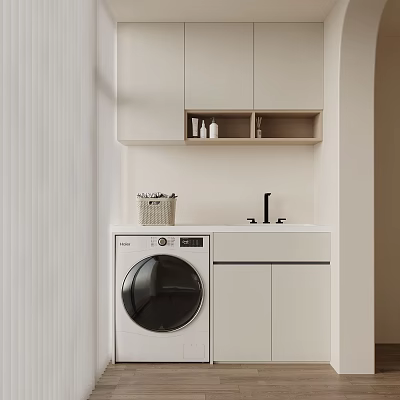 Modern Balcony Cabinet Design With Washing Machine And Sink 3d model