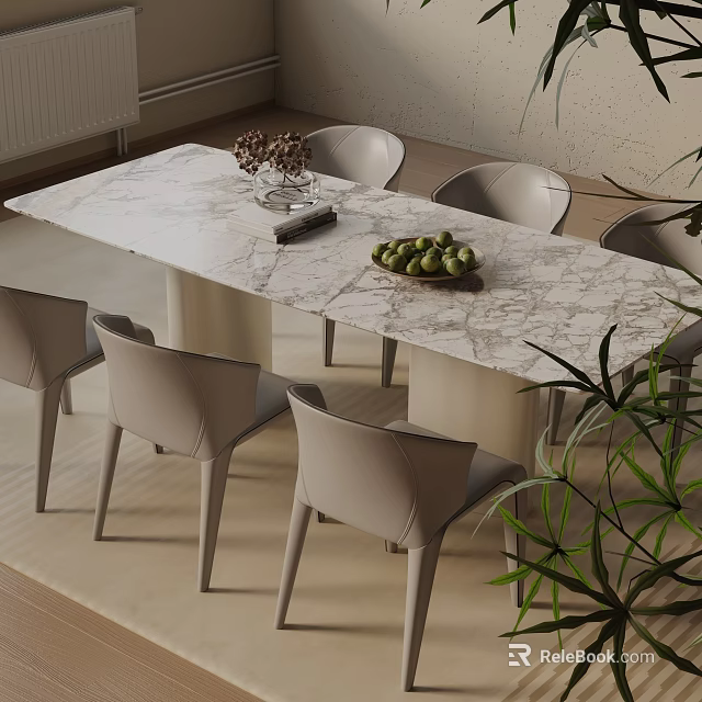 Modern Dining Table Set With Marble Top Light Gray Chairs Fruit Plate Vase Green Plant 3d model 