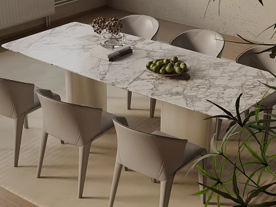 Modern Dining Table Set With Marble Top Light Gray Chairs Fruit Plate Vase Green Plant 3d model