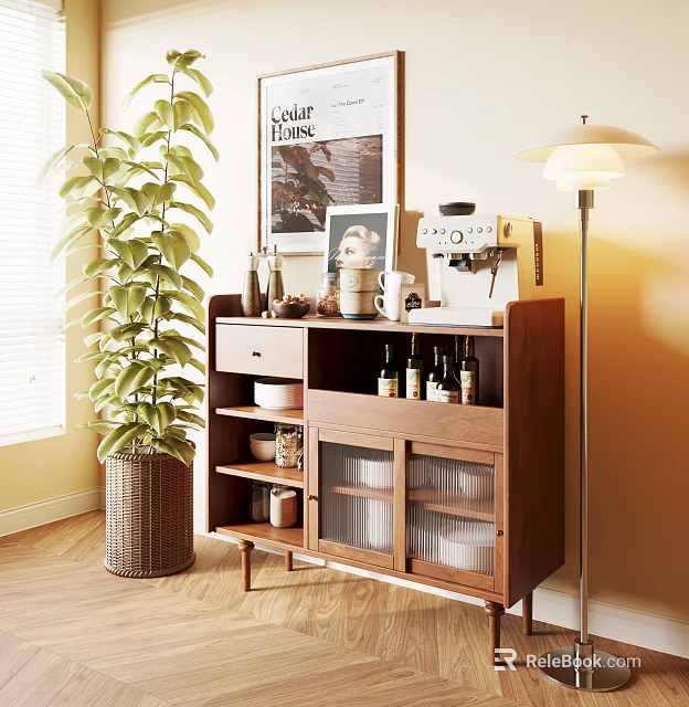 Wooden Sideboard With Glass Doors And Shelves Featuring Coffee Machine Wine Bottles And Green Plant 3d model 