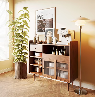 Wooden Sideboard With Glass Doors And Shelves Featuring Coffee Machine Wine Bottles And Green Plant 3d model