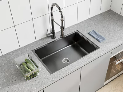 Stainless Steel Kitchen Sink with Flexible Faucet Grey Countertop Cucumber Container and Light Grey Cabinets 3d model