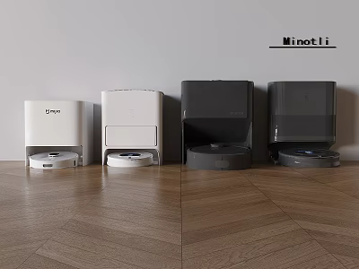Smart Robot Vacuum Cleaners In Multiple Colors Placed On Wooden Floor Against Wall 3d model