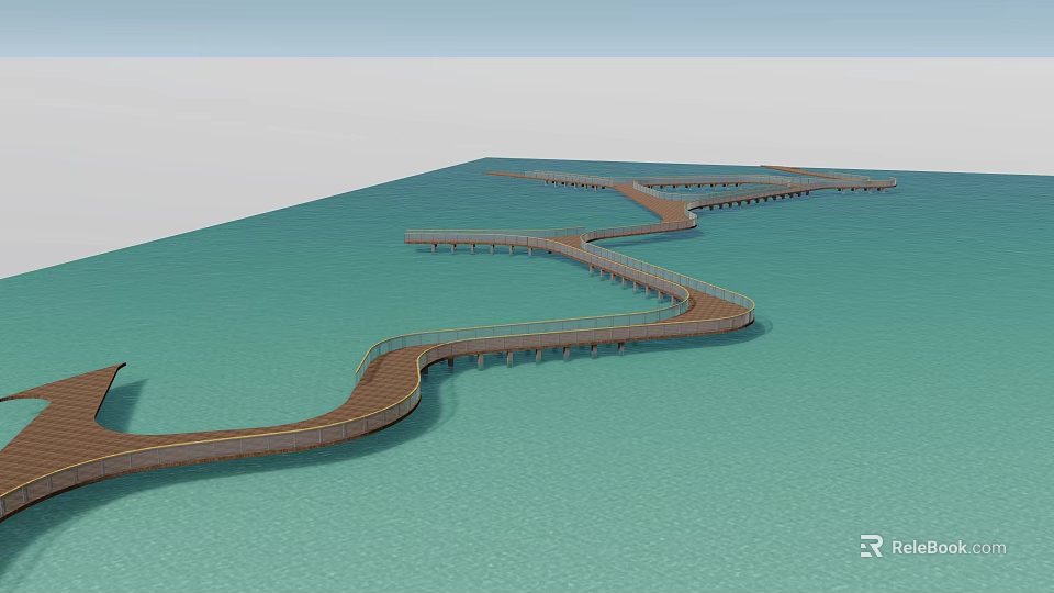 Winding Scenic Wooden Boardwalk Bridge Extending Over Turquoise Water Surface 3d model 