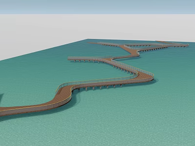 Winding Scenic Wooden Boardwalk Bridge Extending Over Turquoise Water Surface 3d model