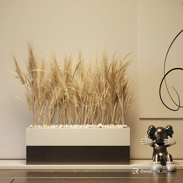 Golden Wheat Ears in White Container with White Pebbles Beside Black Decorative Lines and Sculpture 3d model 