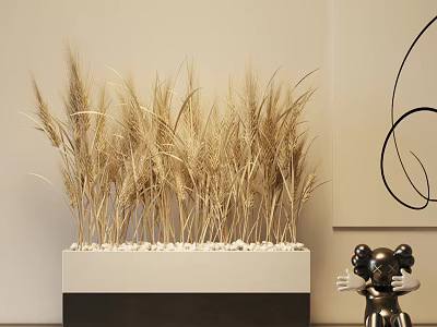 Golden Wheat Ears in White Container with White Pebbles Beside Black Decorative Lines and Sculpture 3d model