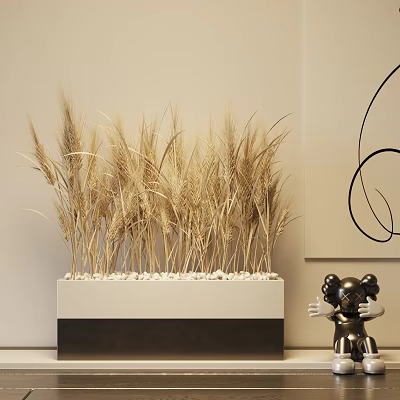 Golden Wheat Ears in White Container with White Pebbles Beside Black Decorative Lines and Sculpture 3d model