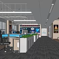 Modern Open Office Space With Multiple Workstations Computers Green Plants Display Wall And Large Windows 3d model
