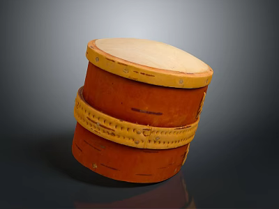 Traditional Handmade Drum Shaped Orange Birch Container With Yellow Decorative Bands 3d model