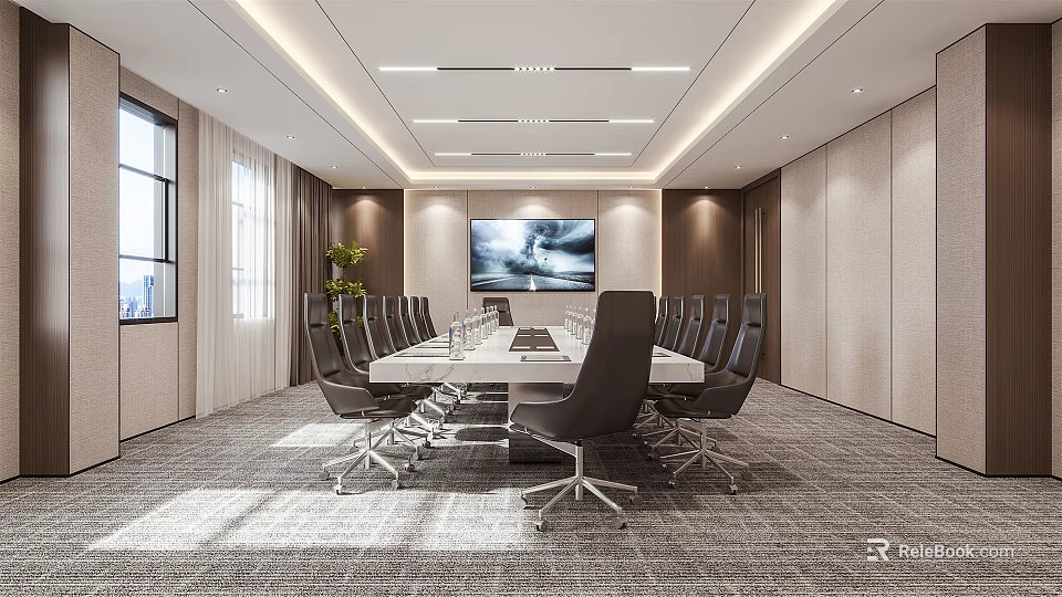 Modern Conference Room Interior With Long Table Black Chairs Large Screen Windows And Carpet 3d model 