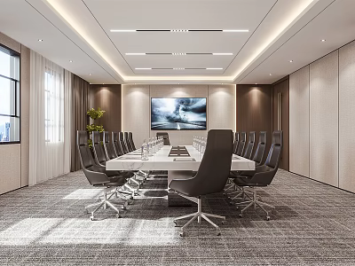 Modern Conference Room Interior With Long Table Black Chairs Large Screen Windows And Carpet 3d model