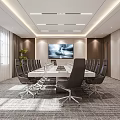 Modern Conference Room Interior With Long Table Black Chairs Large Screen Windows And Carpet