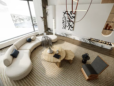 Curved White Sofa with Pillows Round Wooden Coffee Table and Rug in Modern Living Room 3d model