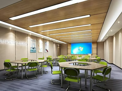 Modern Conference Room Design With Wooden Ceiling Linear Lights Round Tables Green Chairs Large Screen 3d model
