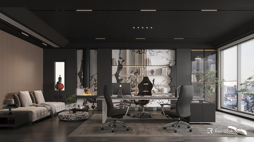 Modern Office Interior With Black Desk Chairs Bookshelf Decorative Painting Sofa And Green Plants 3d model 