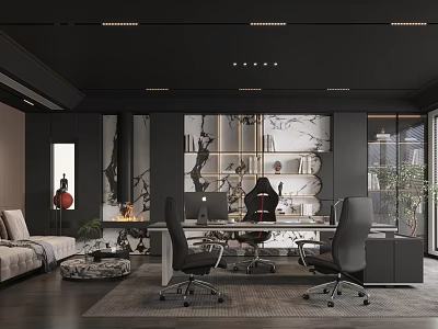 Modern Office Interior With Black Desk Chairs Bookshelf Decorative Painting Sofa And Green Plants 3d model