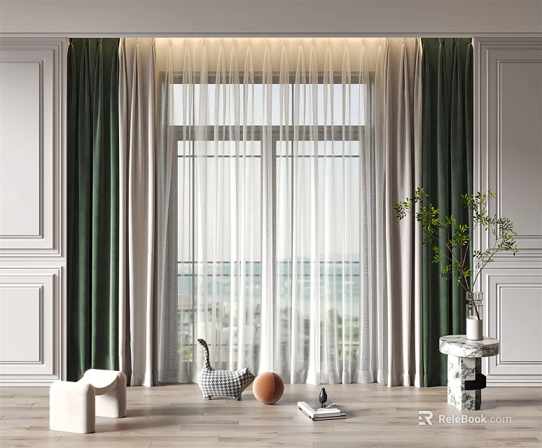 Green Velvet Curtains With Sheer Panels For Modern Window Interior Design And Plant Decor 3d model 