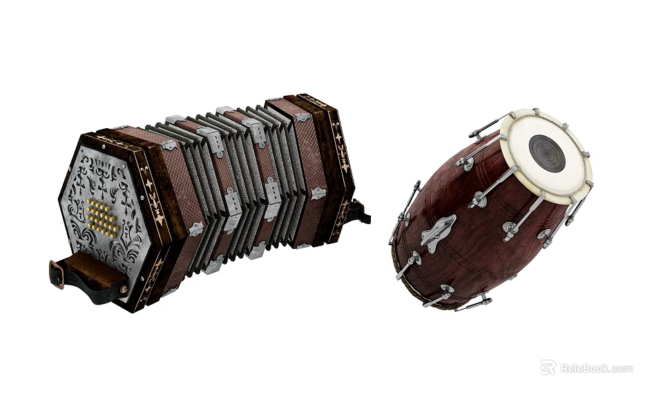 Vintage Wooden Accordion With Carved Details And Decorative Drum With Metal Fittings 3d model 