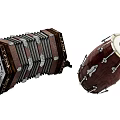 Vintage Wooden Accordion With Carved Details And Decorative Drum With Metal Fittings