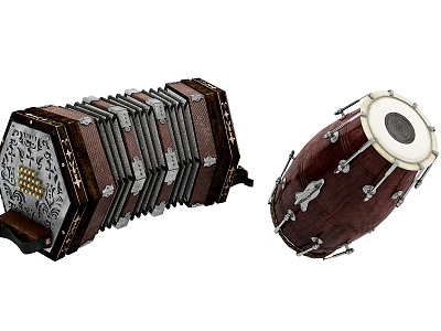 Vintage Wooden Accordion With Carved Details And Decorative Drum With Metal Fittings 3d model