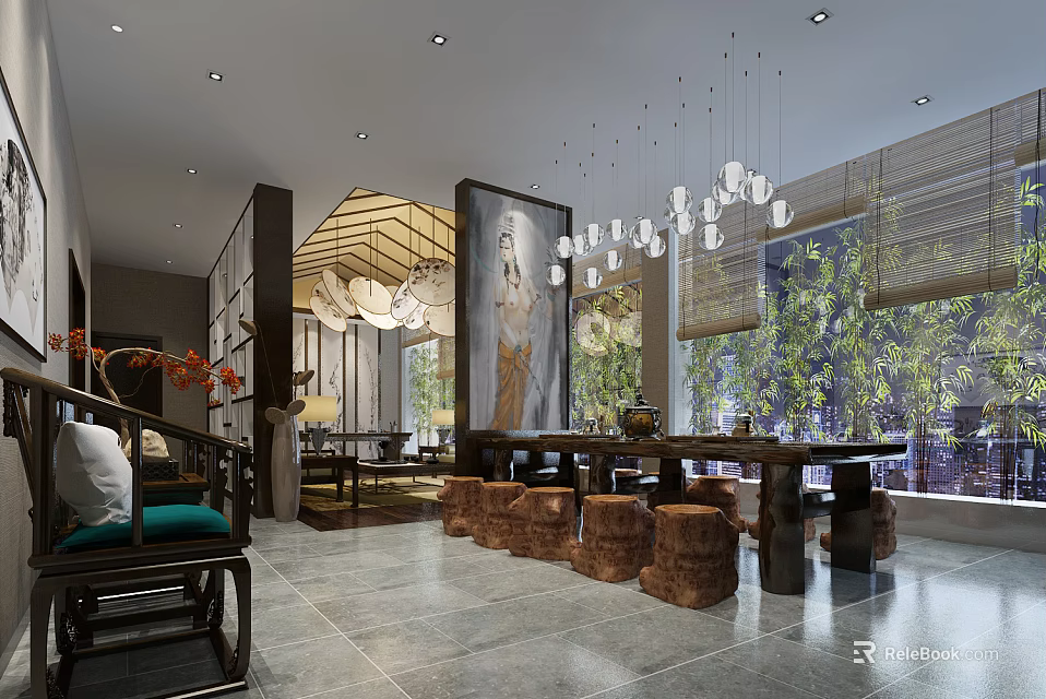 Traditional Chinese Tea House Interior With Wooden Tables Hanging Lanterns And Green Plants 3d model 