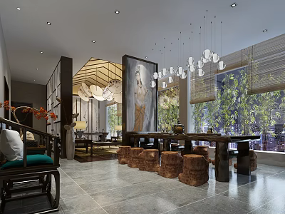 Traditional Chinese Tea House Interior With Wooden Tables Hanging Lanterns And Green Plants 3d model