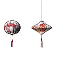 Traditional Chinese Hanging Lanterns With Red Patterns And Decorative Tassels