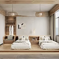 Cozy Wooden Hotel Guest Room With Twin Beds Mountain View Window TV And Curtains