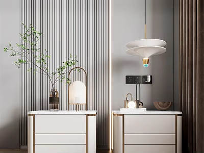 Modern White Bedside Tables With Gold Accents Table Lamps Green Plant And Pendant Lamp 3d model