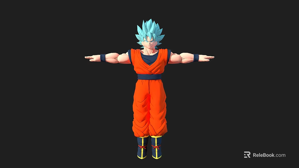 Anime Game Character With Blue Hair Orange Outfit Muscular Build Arms Outstretched 3d model 