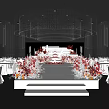 Elegant Banquet Hall With Crystal Chandelier Red Floral Decor Stage And White Tables