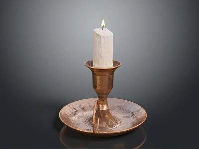 Lit White Candle Placed On Copper Candlestick With Decorative Tray Base And Smooth Surface 3d model