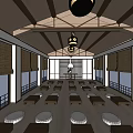 Bright Japanese Religious Space Featuring Wooden Ceiling Hanging Lanterns Bamboo Blinds And Cushions