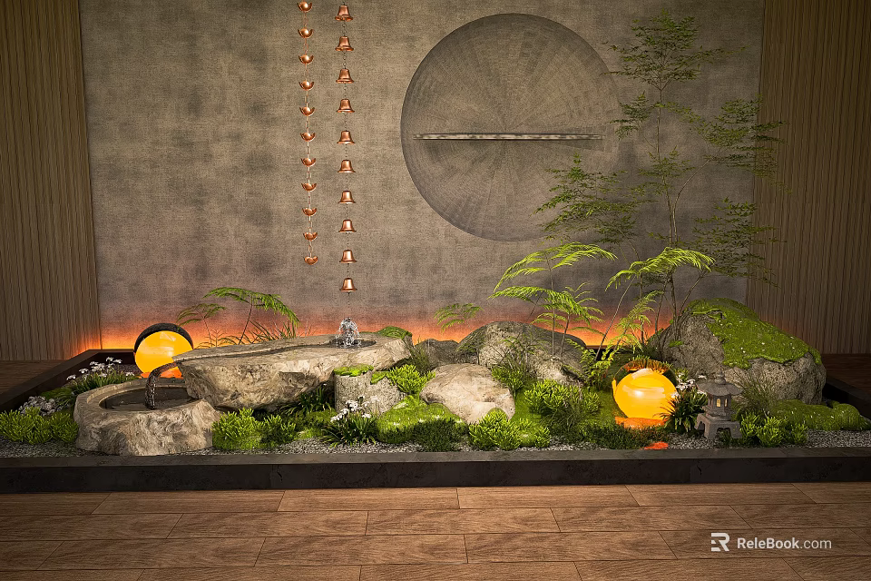 Natural Stone Landscape Scene With Green Plants Round Glowing Lamps And Wooden Floor 3d model 