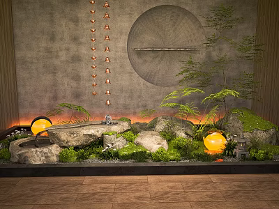 Natural Stone Landscape Scene With Green Plants Round Glowing Lamps And Wooden Floor 3d model